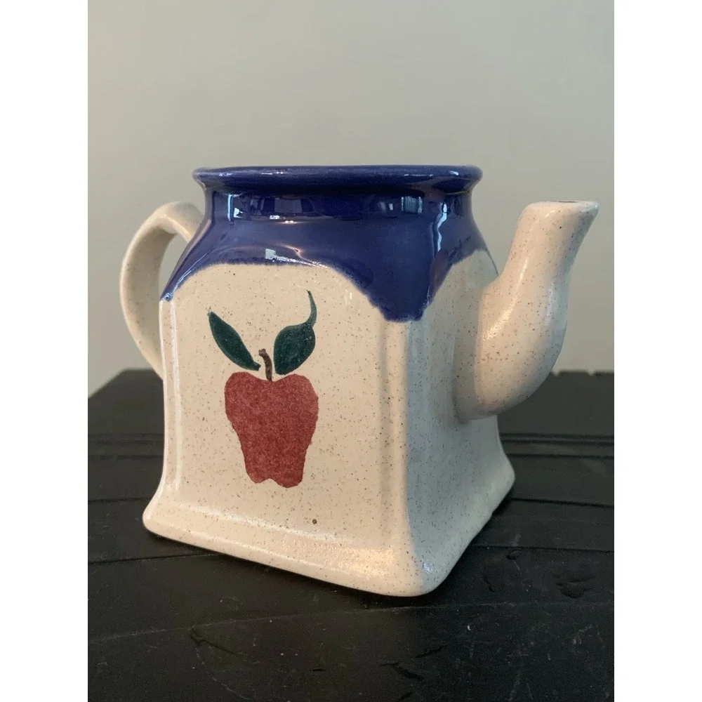 Ceramic Square Tea Pot 12 oz Glossy Pottery Apple Pattern Blue Rim Handle